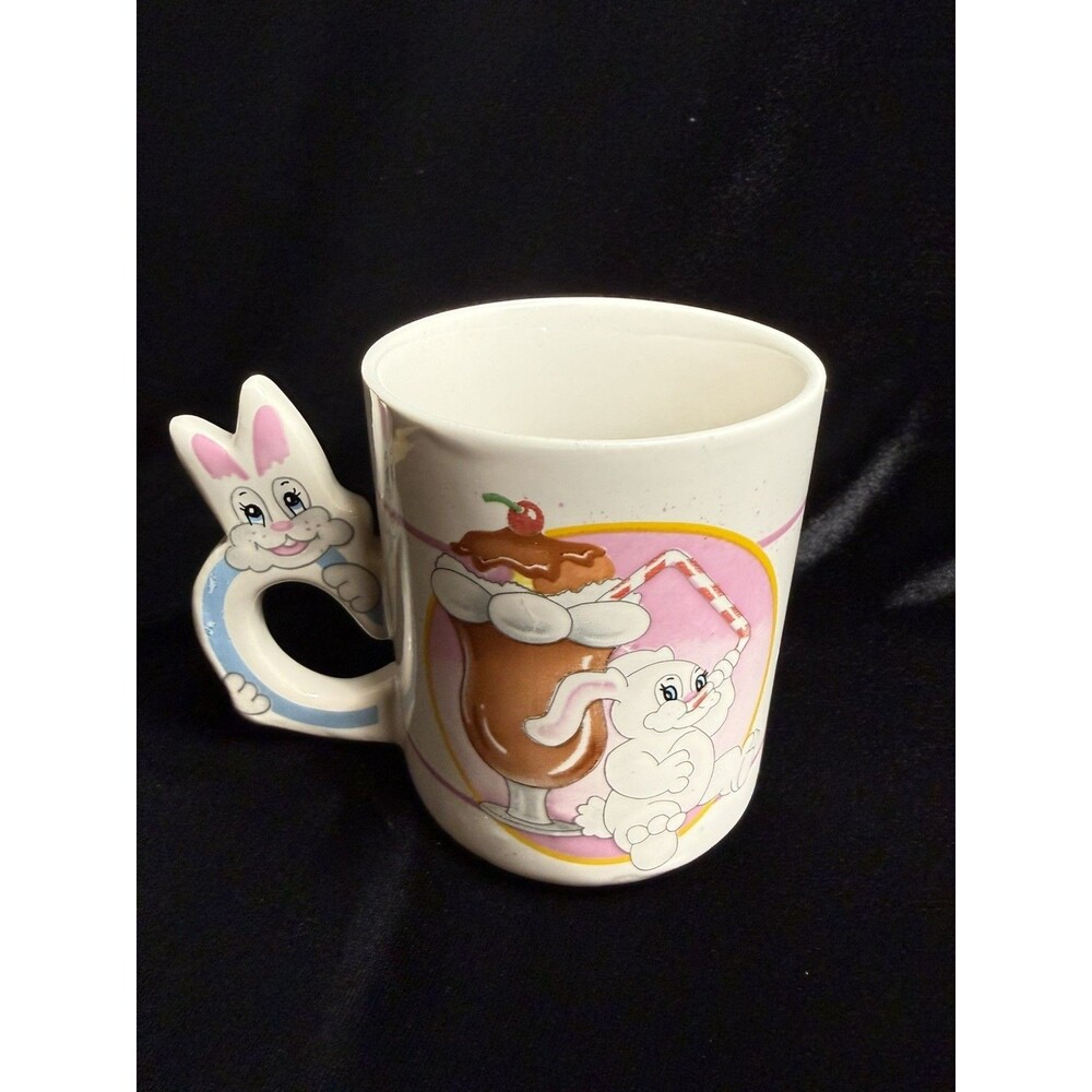 Vtg 80s Mug Cup Bunny Rabbit Kitsch Pink Easter Cute Dessert Ice Cream Spring